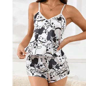 Casual Satin V-Neck Top Elastic Comfortable Perfect Floral Print Pajama Set