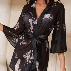 Casual Sheer Floral Print See Through Lingerie Robes Nightgown