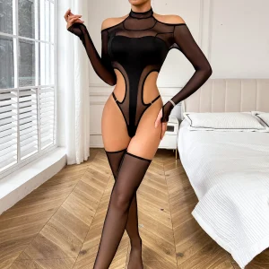 Casual Silk Socks Temptation Perspective Half High Collar Tight jumpsuit
