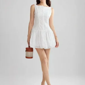 Casual Sleeveless Embroidered With Boat Neck Mini Dress
