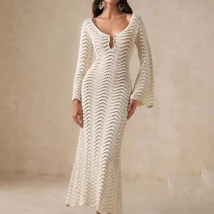 Casual Solid Color Cut-Outs Long Sleeve Knitted Maxi Dress