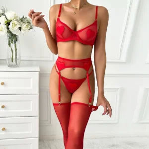 Casual Solid Color Mesh See-through Garters Underwear Suit