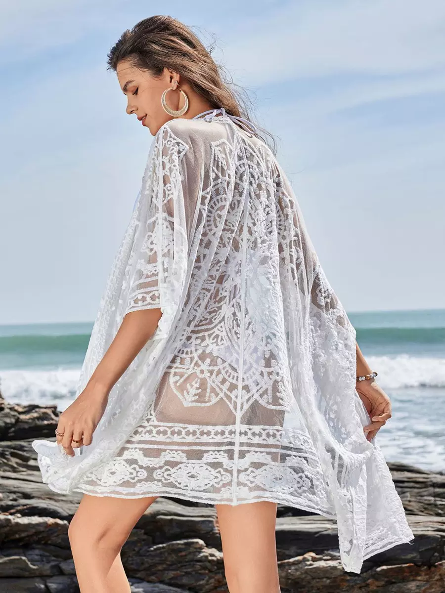 Casual Solid Color Ruffles Lace Sheer Short Sleeve Cover Up - Image 5