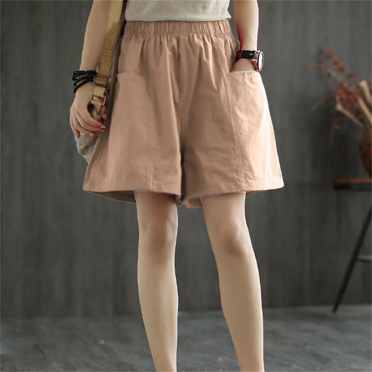 Casual Solid Pocket Elastic Waist Street Straight Cargo Short Pants - Image 4