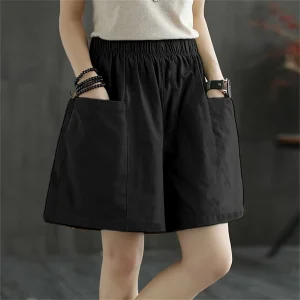 Casual Solid Pocket Elastic Waist Street Straight Cargo Short Pants