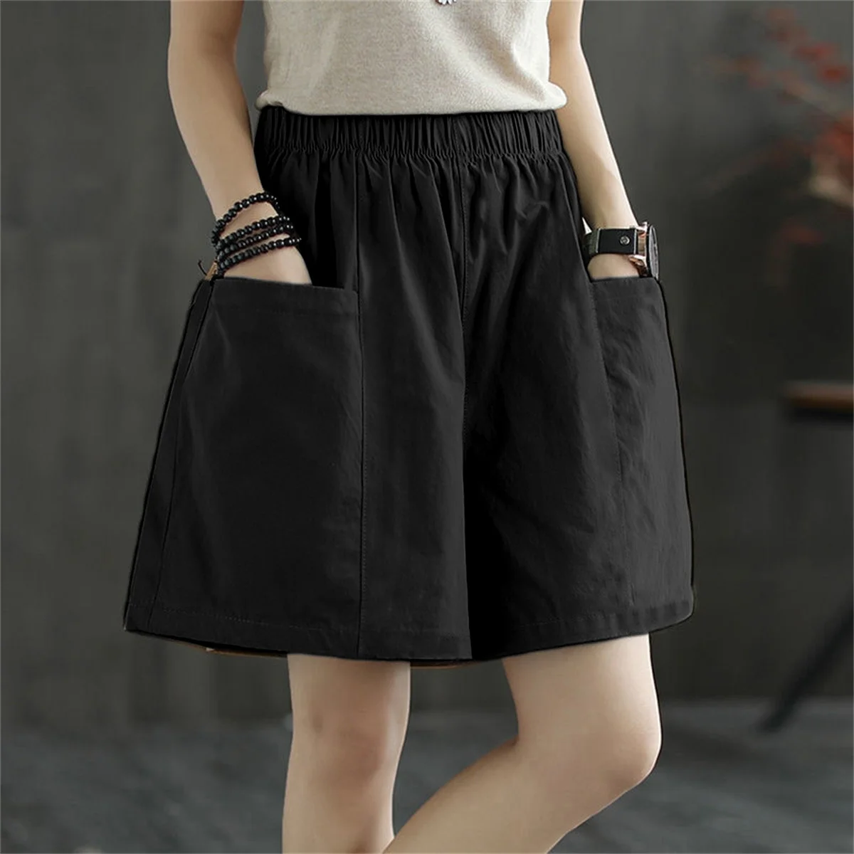 Casual Solid Pocket Elastic Waist Street Straight Cargo Short Pants