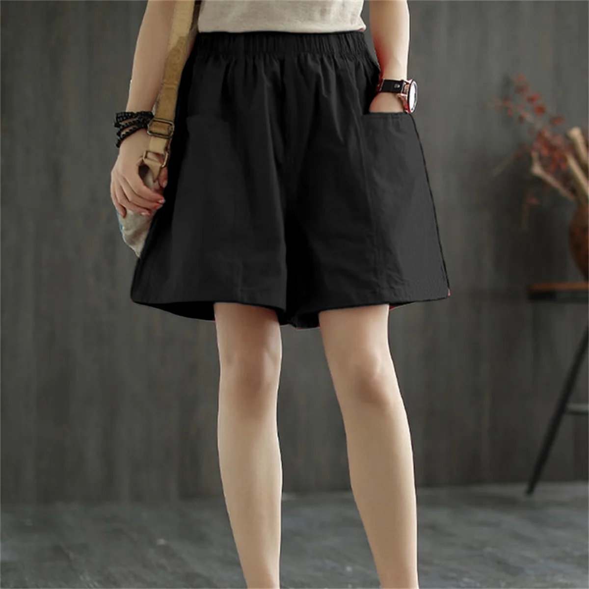 Casual Solid Pocket Elastic Waist Street Straight Cargo Short Pants - Image 3