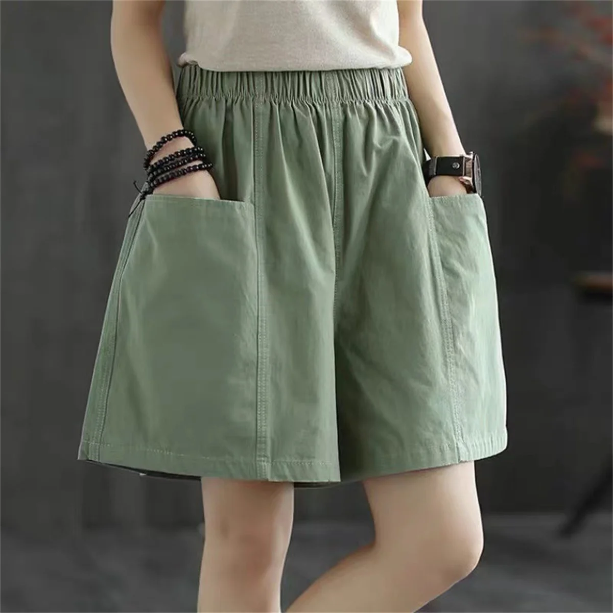 Casual Solid Pocket Elastic Waist Street Straight Cargo Short Pants - Image 6