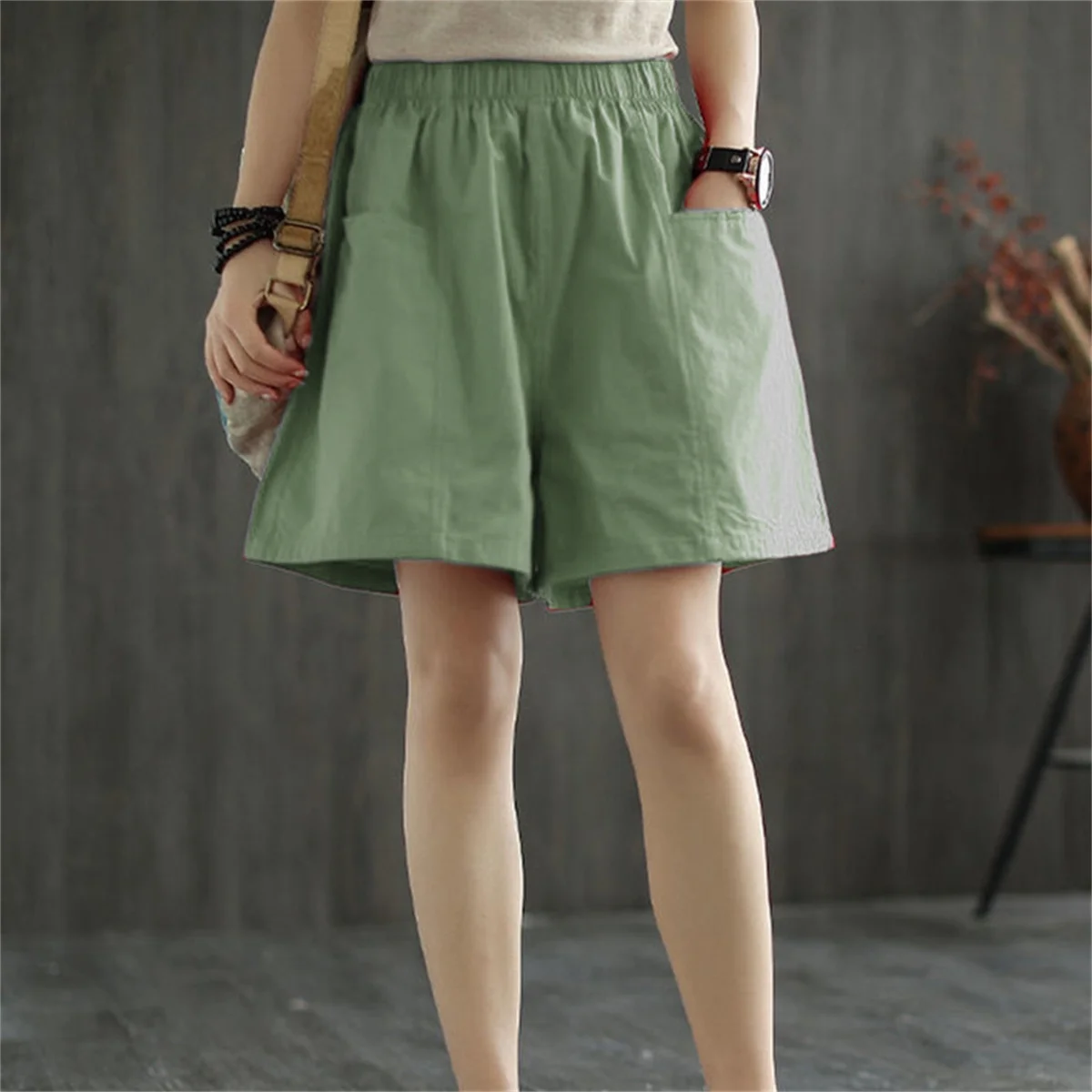 Casual Solid Pocket Elastic Waist Street Straight Cargo Short Pants - Image 7