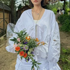 Casual Spliced Pocket V Neck Long Sleeve Loose Office Lady Shirts