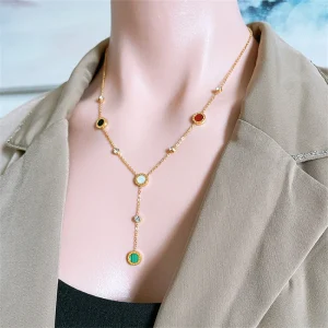 Casual Stainless Steel Natural Shells Zircon Circle Charm Chain Pendants Choker Necklaces