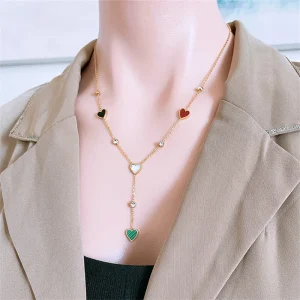 Trendy Stainless Steel Natural Shells Zircon Heart Charm Chain Pendants Choker Necklaces