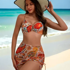 Casual Tropical Print Bikini With Tied Sides Mini Skirt 3 Piece Swimsuits Set