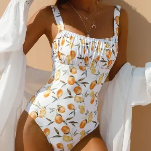 Casual Tummy Control Bandeau Fruit Print One Piece Swimsuit