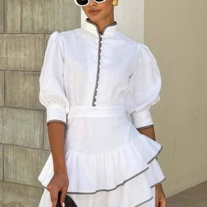 Casual Turtleneck Patchwork Half Sleeve Pleated Mini Dress