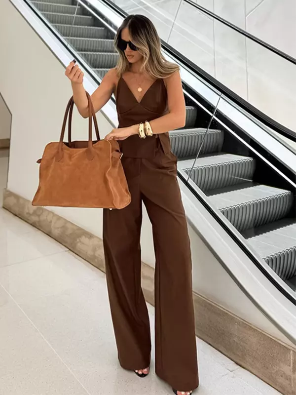 Casual V-Neck Camisole Top And Straight-leg Pants 2 Piece Set - Image 2