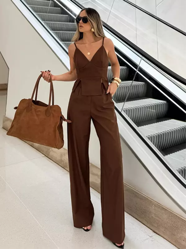 Casual V-Neck Camisole Top And Straight-leg Pants 2 Piece Set - Image 3