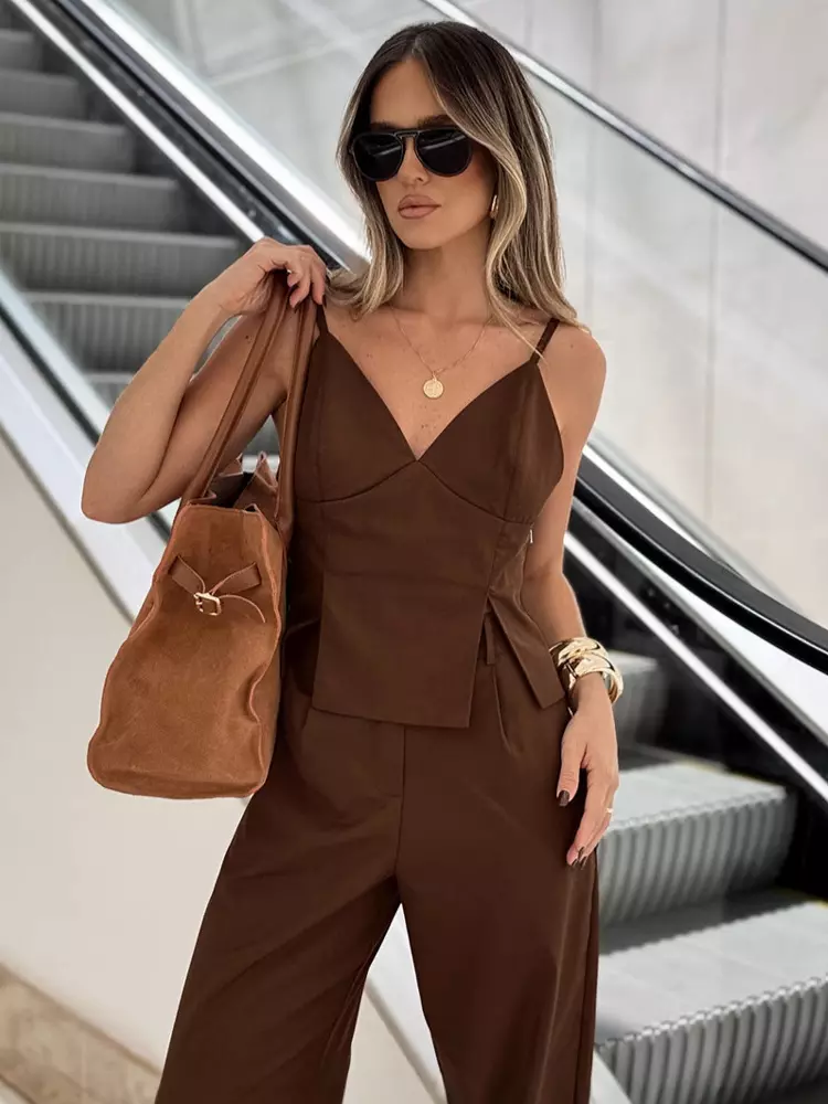 Casual V-Neck Camisole Top And Straight-leg Pants 2 Piece Set - Image 4