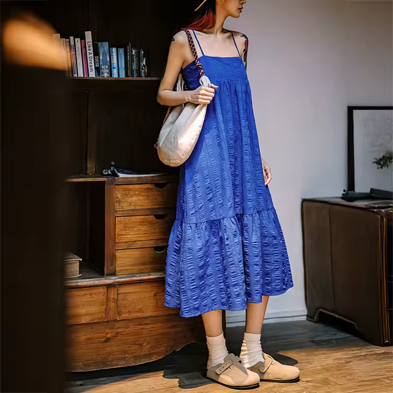 Casual Seersucker Sleeveless A-Line Strappy  Beach Vacation Long Slip Dress