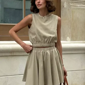 Casual Wear Cotton And Linen Sleeveless Crop Top And Mini Skirt 2 Piece Set