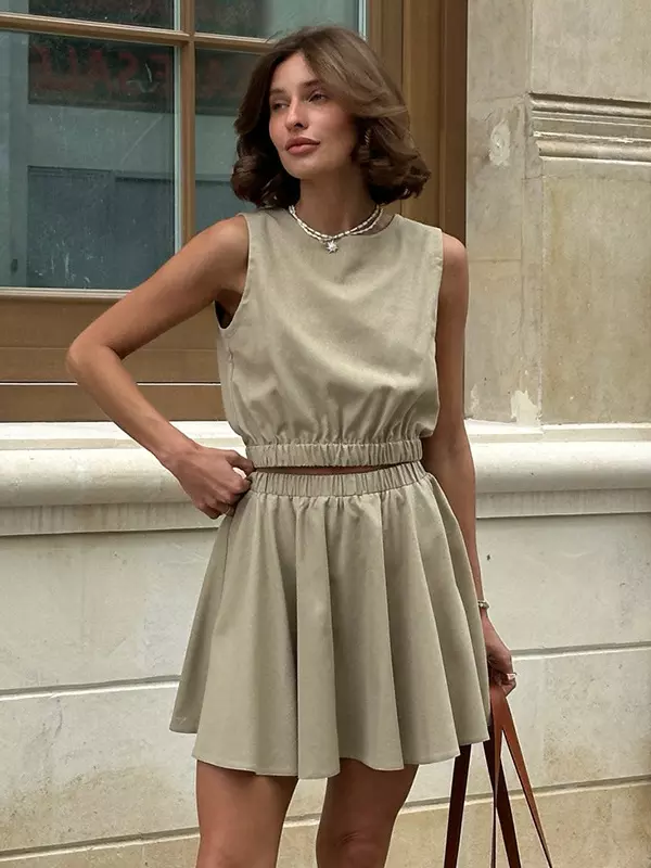 Casual Wear Cotton And Linen Sleeveless Crop Top And Mini Skirt 2 Piece Set