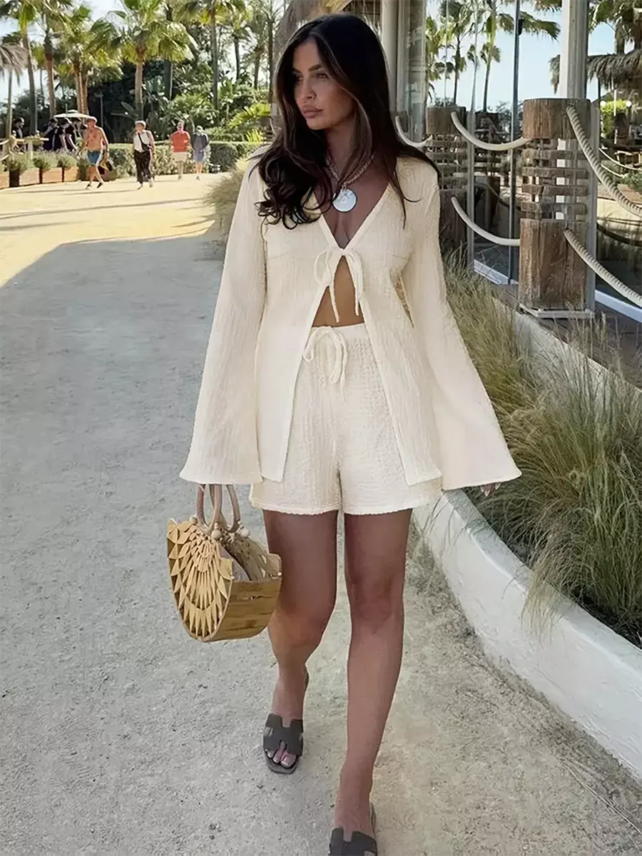 Casual With Tie Front Top And Shorts Two-Piece Co-ord Set - Image 4