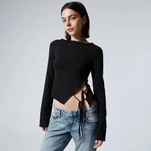 Causal Round Neck Long-Sleeved Irregular Solid Color Tie Hollowed Out Tops