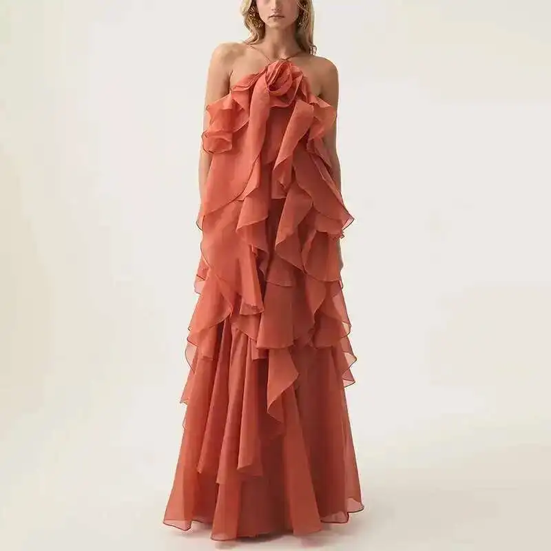 Chic Casual Elegant Patchwork Ruffles Sleeveless Solid Color Loose Long Backless Dress