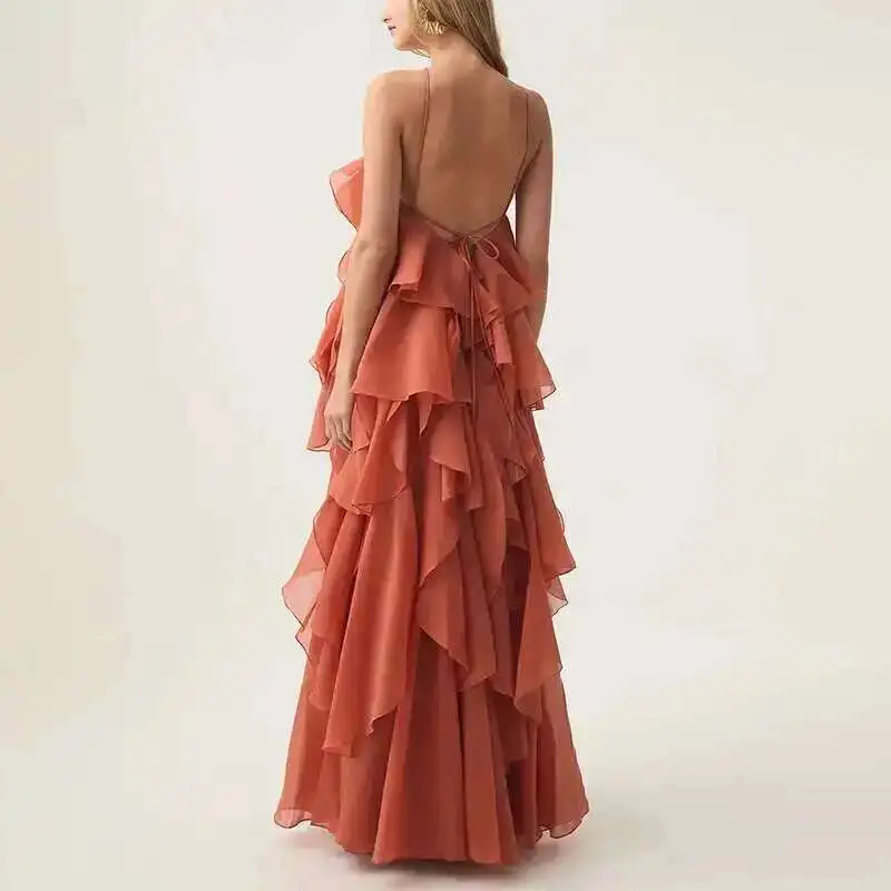 Chic Casual Elegant Patchwork Ruffles Sleeveless Solid Color Loose Long Backless Dress - Image 3