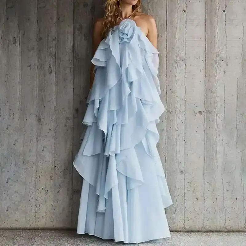 Chic Casual Elegant Patchwork Ruffles Sleeveless Solid Color Loose Long Backless Dress - Image 6