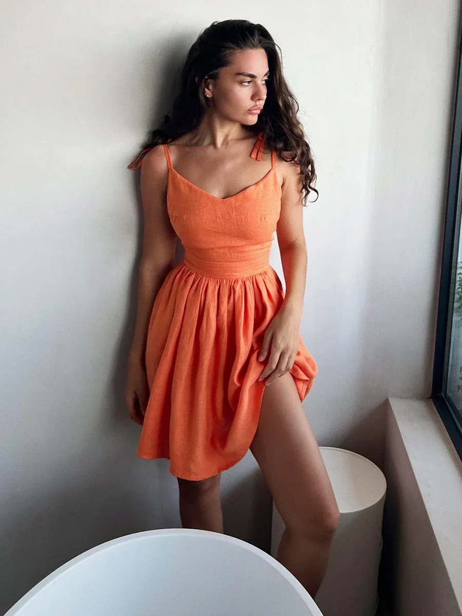 Chic Cotton Spaghetti Strap Solid Color V-neck Short Dress - Image 10