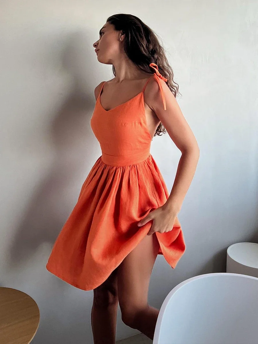 Chic Cotton Spaghetti Strap Solid Color V-neck Short Dress - Image 11