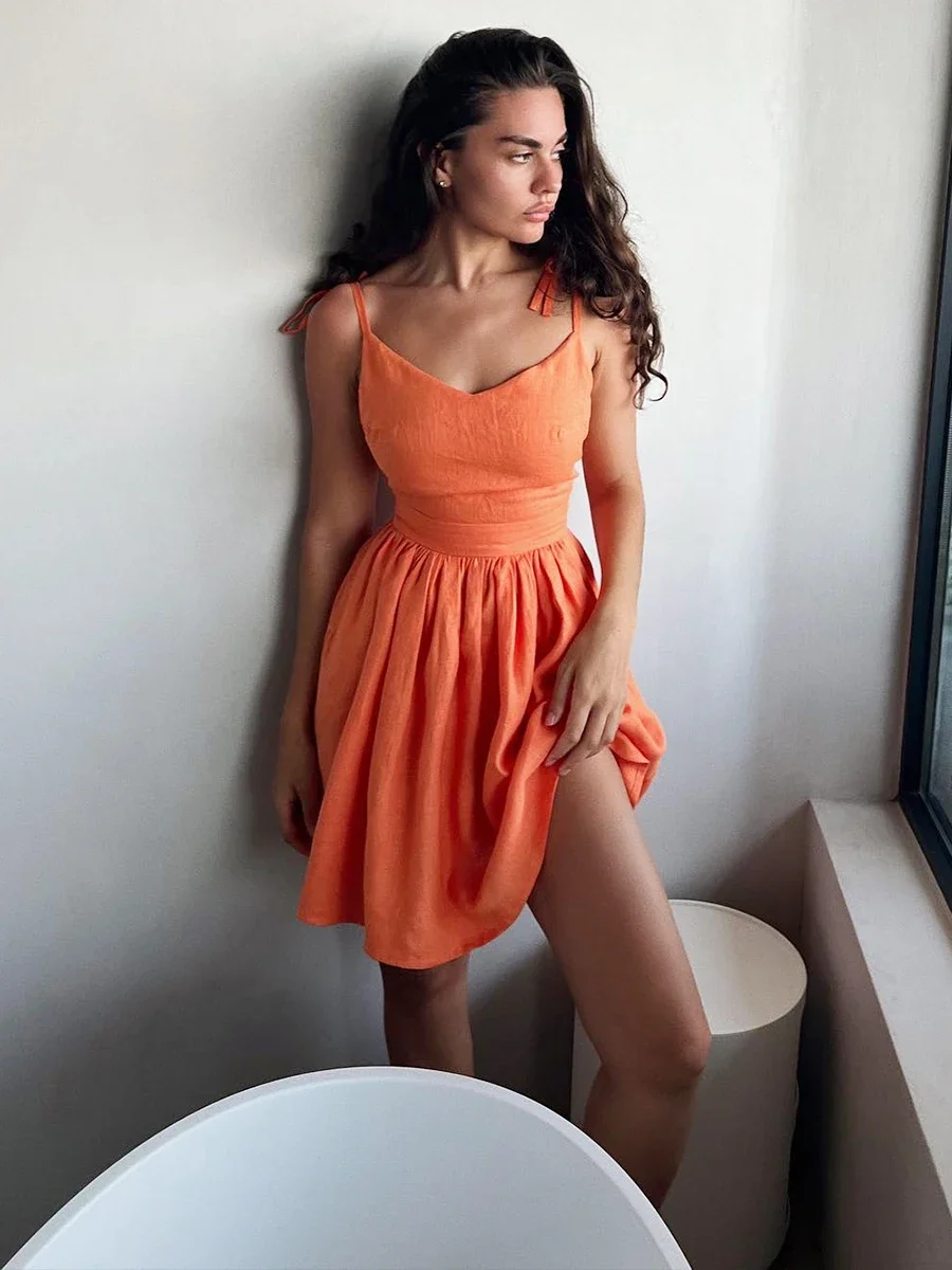 Chic Cotton Spaghetti Strap Solid Color V-neck Short Dress - Image 12