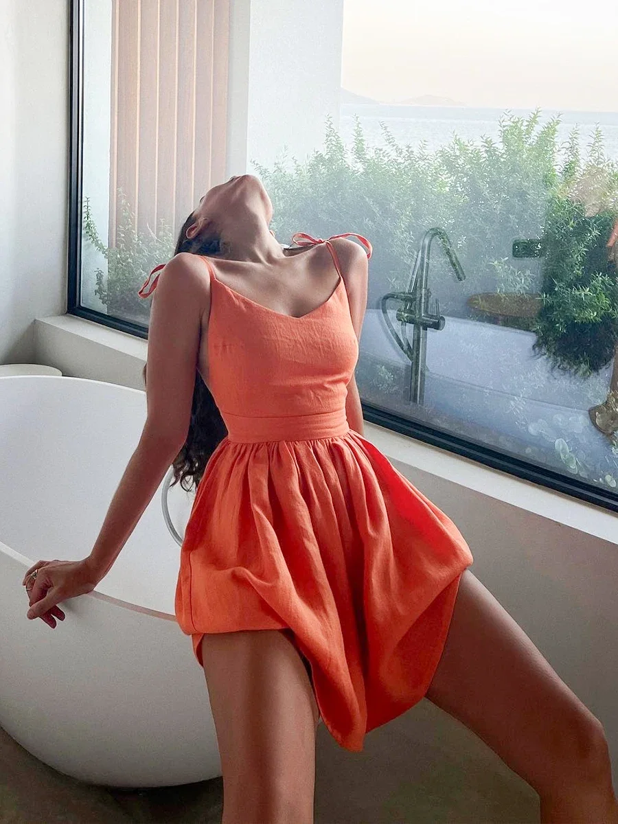 Chic Cotton Spaghetti Strap Solid Color V-neck Short Dress - Image 13