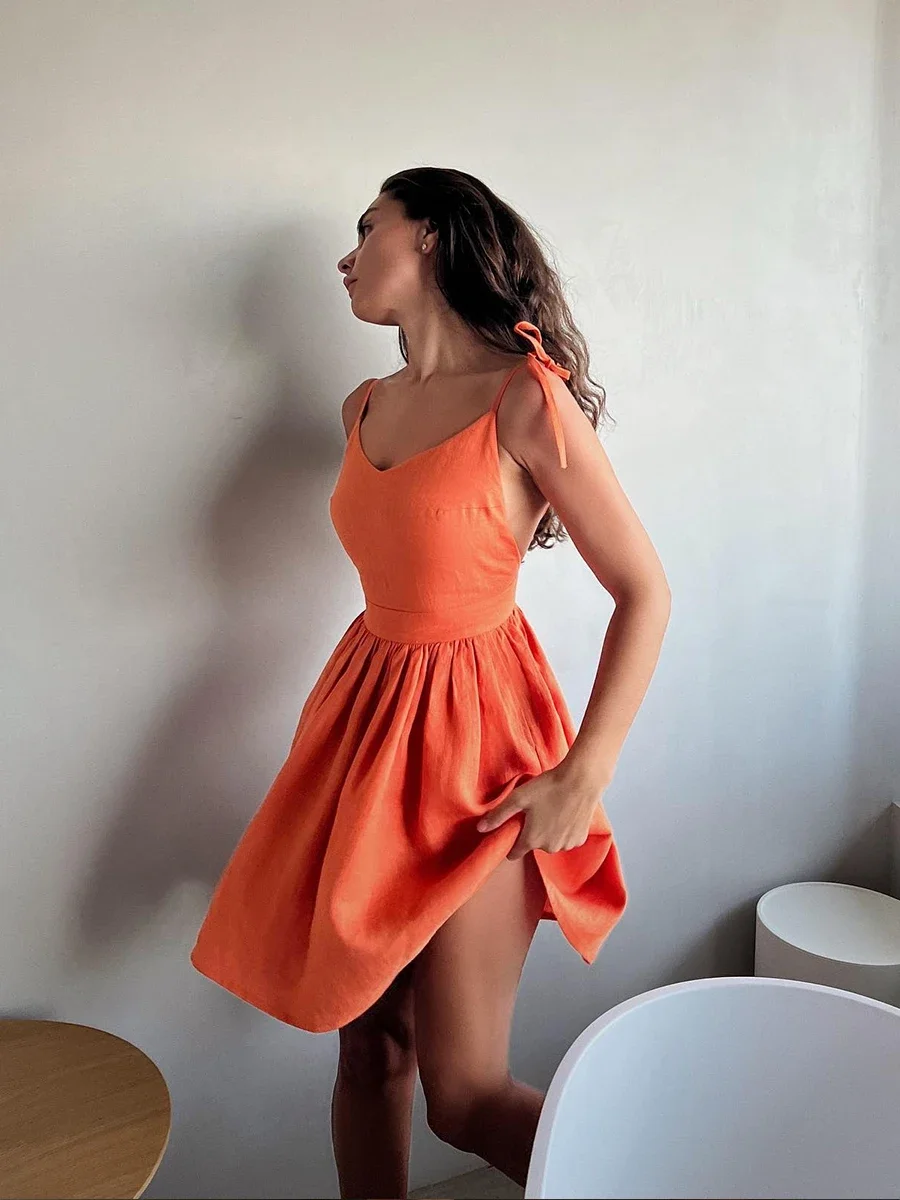 Chic Cotton Spaghetti Strap Solid Color V-neck Short Dress - Image 14