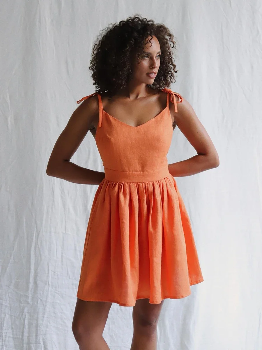 Chic Cotton Spaghetti Strap Solid Color V-neck Short Dress - Image 15