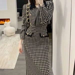 Chic Plaid Double Breasted Jackets Tops Tunic Sling Maxi Dress 2 Piece Sets