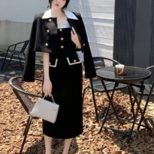 Vintage Plaid Double Breasted Jackets Tops Tunic Sling Maxi Dress 2 Piece Sets