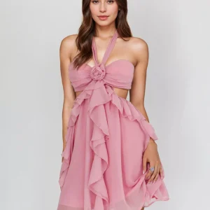 Chiffon Ruffle With Floral Accents And Halter Neckline Mini Dress
