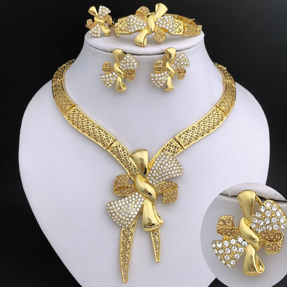Classic Design Bowknot 18k Gold Plated Necklace Earring Bracelet And Ring 4PCS Set - Image 7