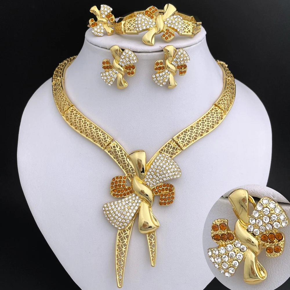 Classic Design Bowknot 18k Gold Plated Necklace Earring Bracelet And Ring 4PCS Set - Image 8
