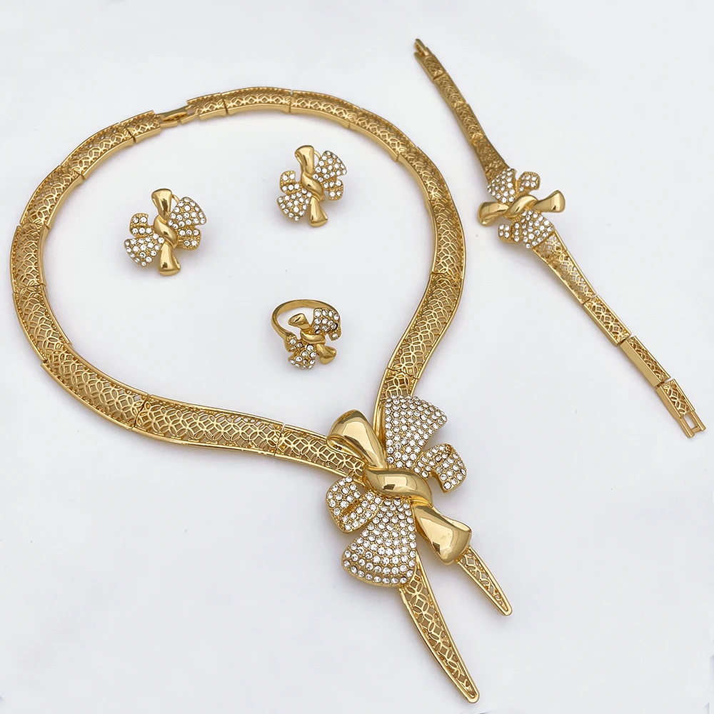 Classic Design Bowknot 18k Gold Plated Necklace Earring Bracelet And Ring 4PCS Set - Image 2