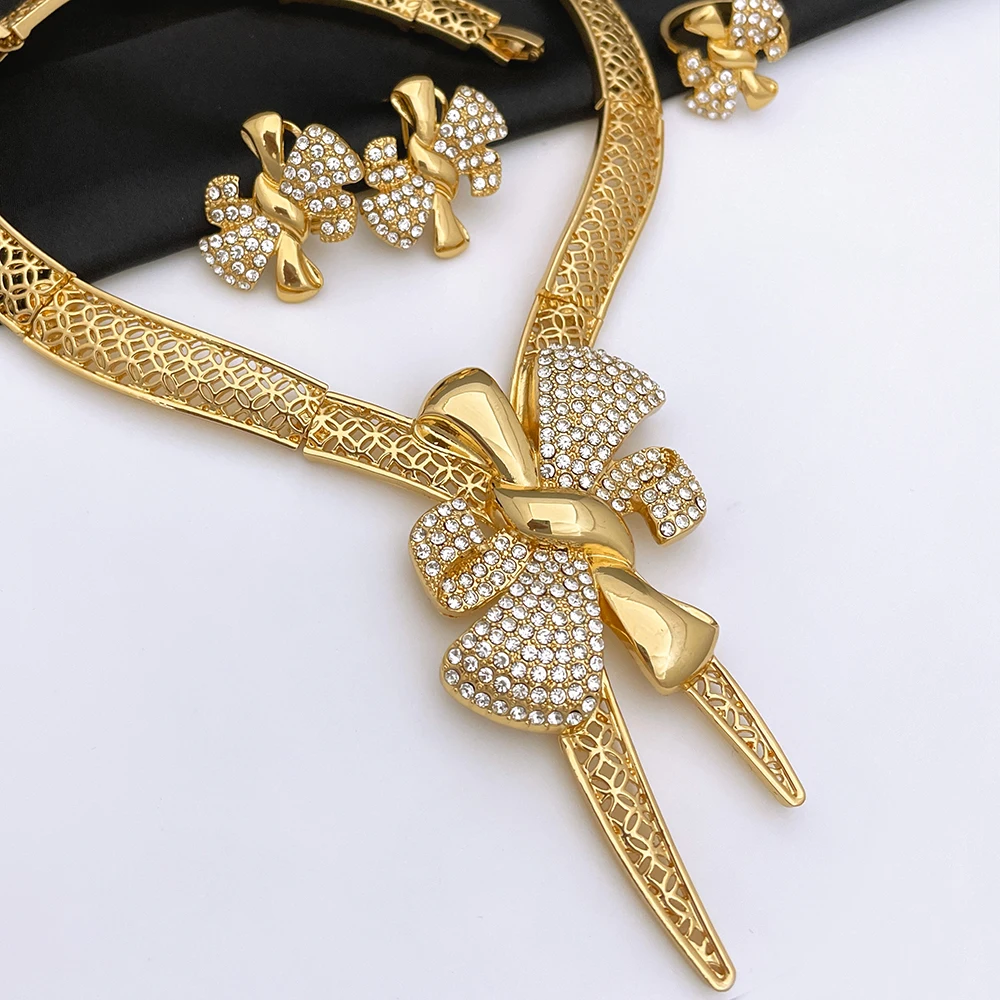 Classic Design Bowknot 18k Gold Plated Necklace Earring Bracelet And Ring 4PCS Set - Image 4