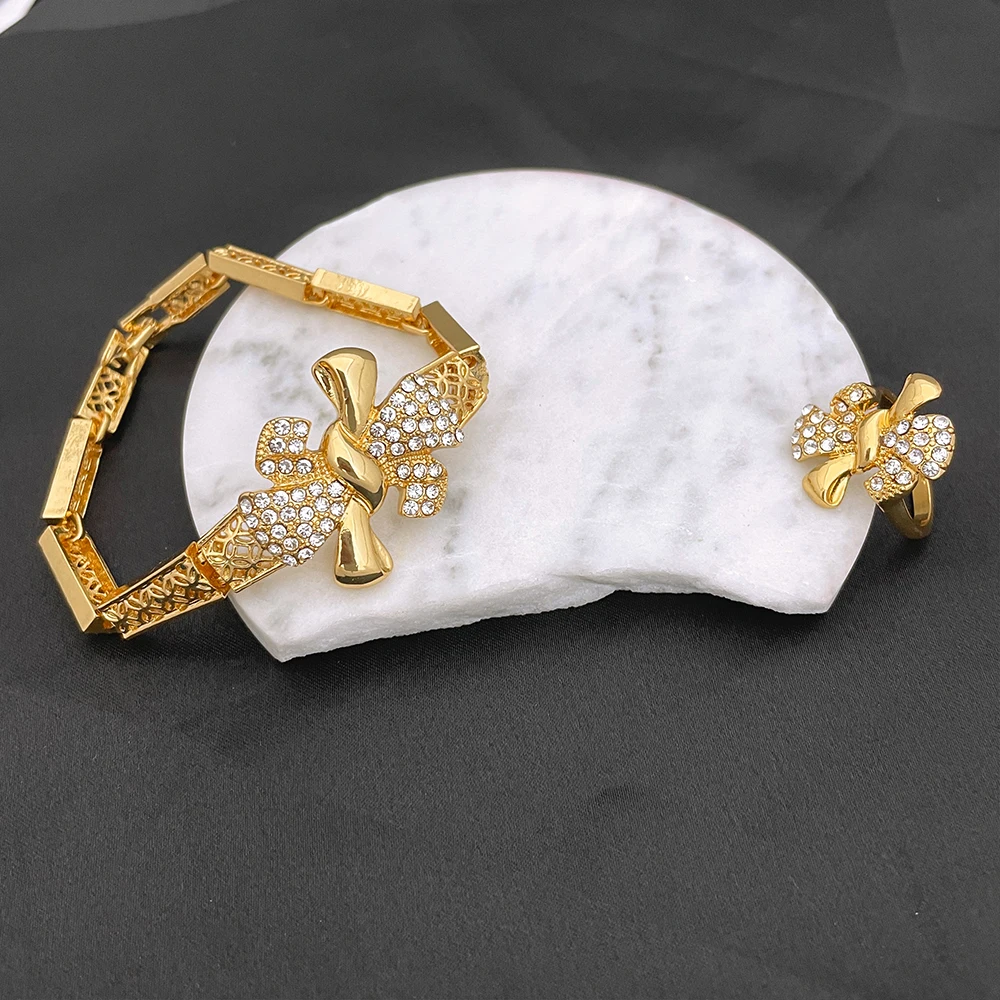 Classic Design Bowknot 18k Gold Plated Necklace Earring Bracelet And Ring 4PCS Set - Image 5