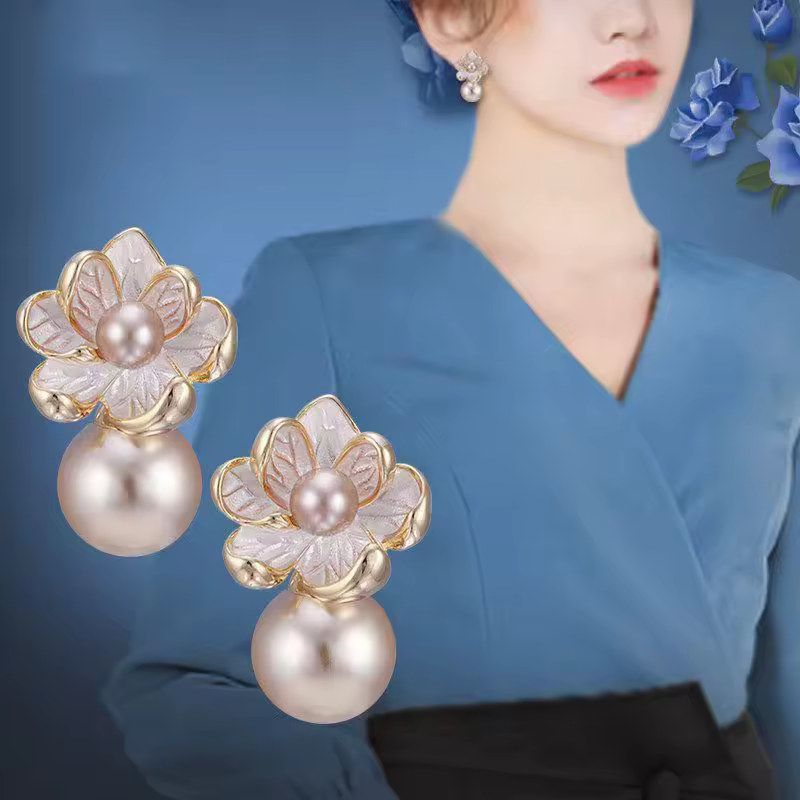 Classic Plant 925 Silver Zinc Alloy Needle Flower Noble Pearl Stud Earrings