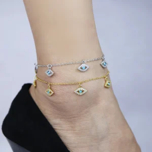 Classic Turquoise Gold Plated Turkish Evil Eye Charm Link Chain Summer Hot Selling Anklet
