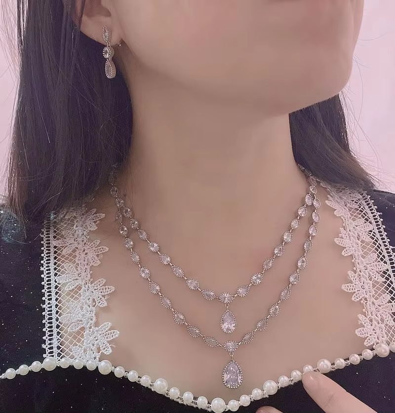 Classic Water Drop Lab Diamond Filled Promise Party Wedding Earrings Necklace Jewelry Set