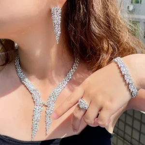 Classic Zircon Geometric Lab Diamond Wedding Ring Earring Necklace Bracelet Jewelry Set