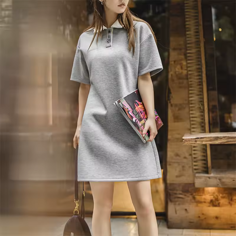Color-Block Polo Collar Adjustable Waist Short Sleeve Preppy Style Dress