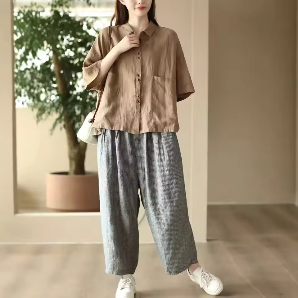 Comfortable Polo Collar Retro Cotton Linen Short Sleeve Loose Shirt